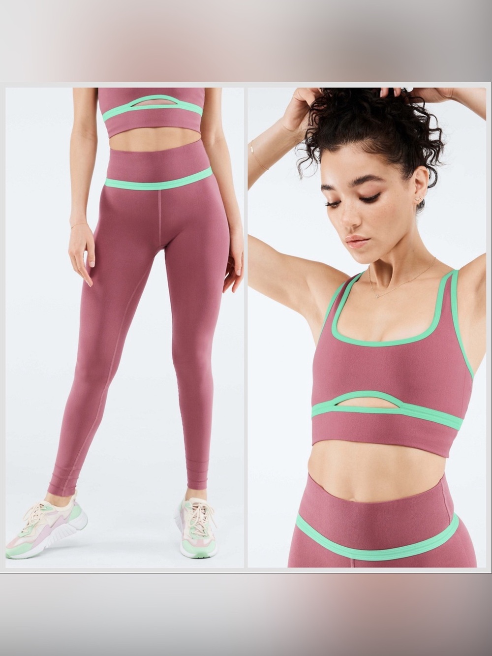 Fabletics SculptKnit Set Dusty Rose Sports Bra and Leggings with Mint Accent S/M